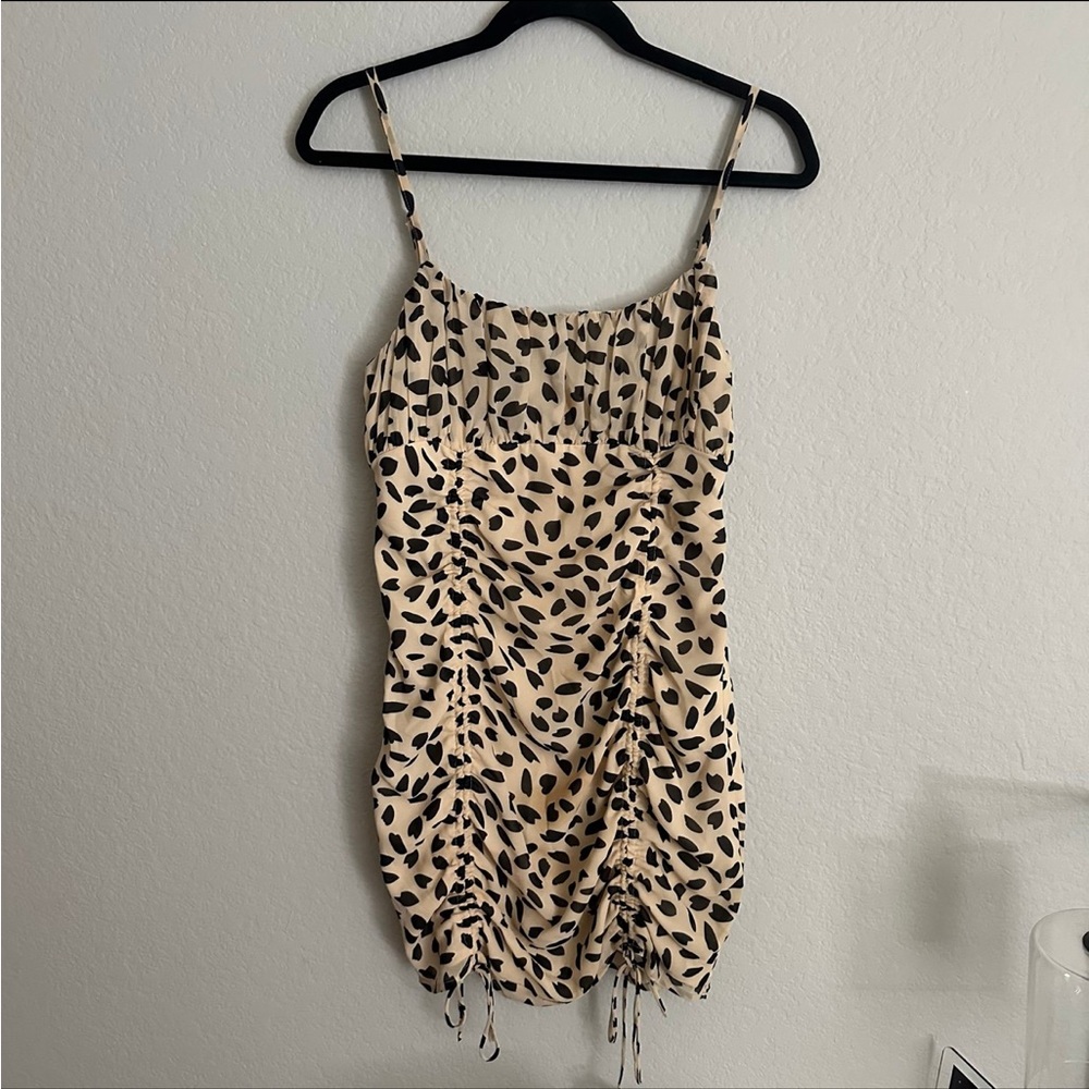 Cotton Candy Ruched Mini Leopard/Cheetah Dress Beige